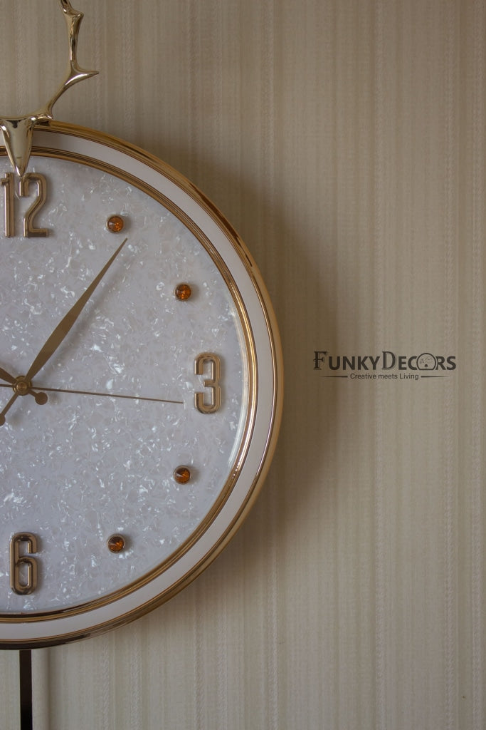Funkytradition White Golden Reindeer Pendulum Wall Clock Watch Decor For Home Office And Gifts 65 Cm