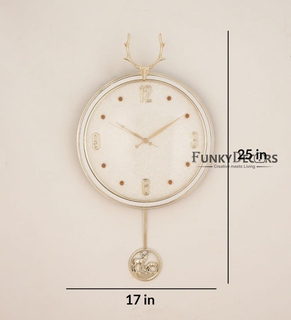 Funkytradition White Golden Reindeer Pendulum Wall Clock Watch Decor For Home Office And Gifts 65 Cm