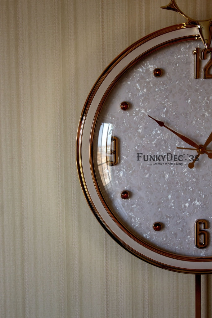 Funkytradition White Golden Reindeer Pendulum Wall Clock Watch Decor For Home Office And Gifts 65 Cm