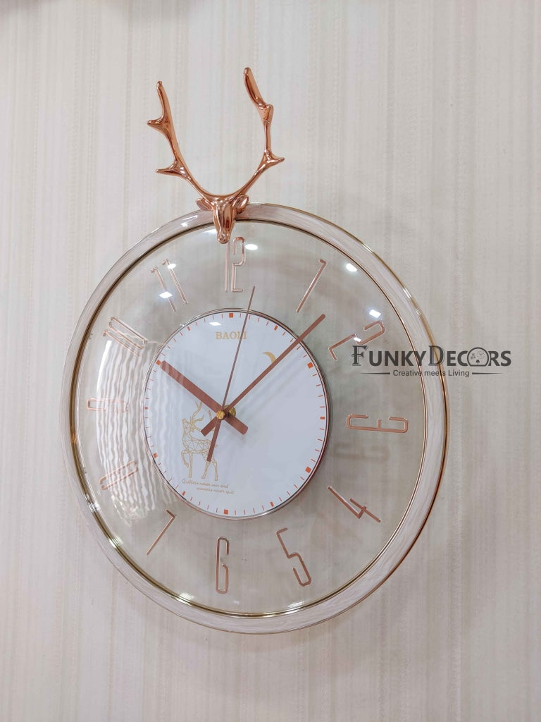 FunkyDecors White Reindeer Glass Transparent Minimal Wall Clock Watch Decor For Home Office And
