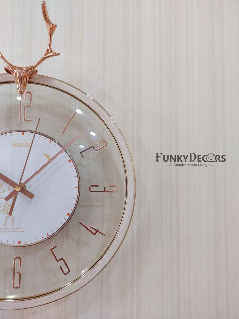 FunkyDecors White Reindeer Glass Transparent Minimal Wall Clock Watch Decor For Home Office And