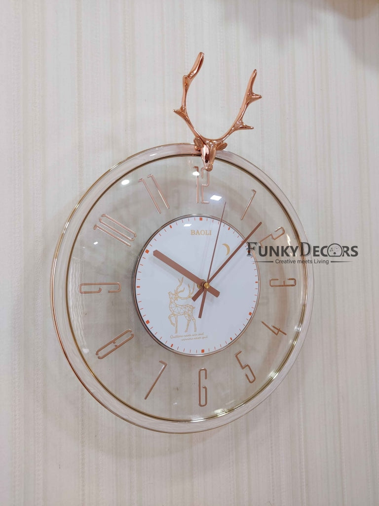 FunkyDecors White Reindeer Glass Transparent Minimal Wall Clock Watch Decor For Home Office And