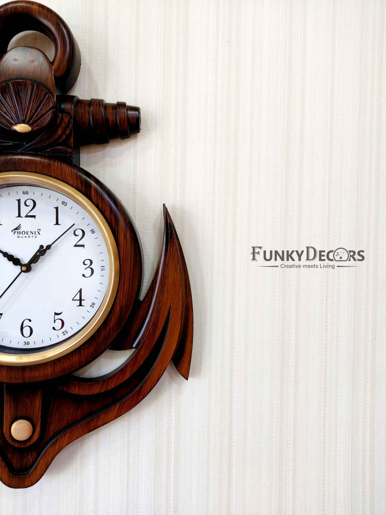 Funkytradition Wooden Style Anchor Wall Clock Watch Décor For Home Office Decor And Gifts 60 Cm Tall