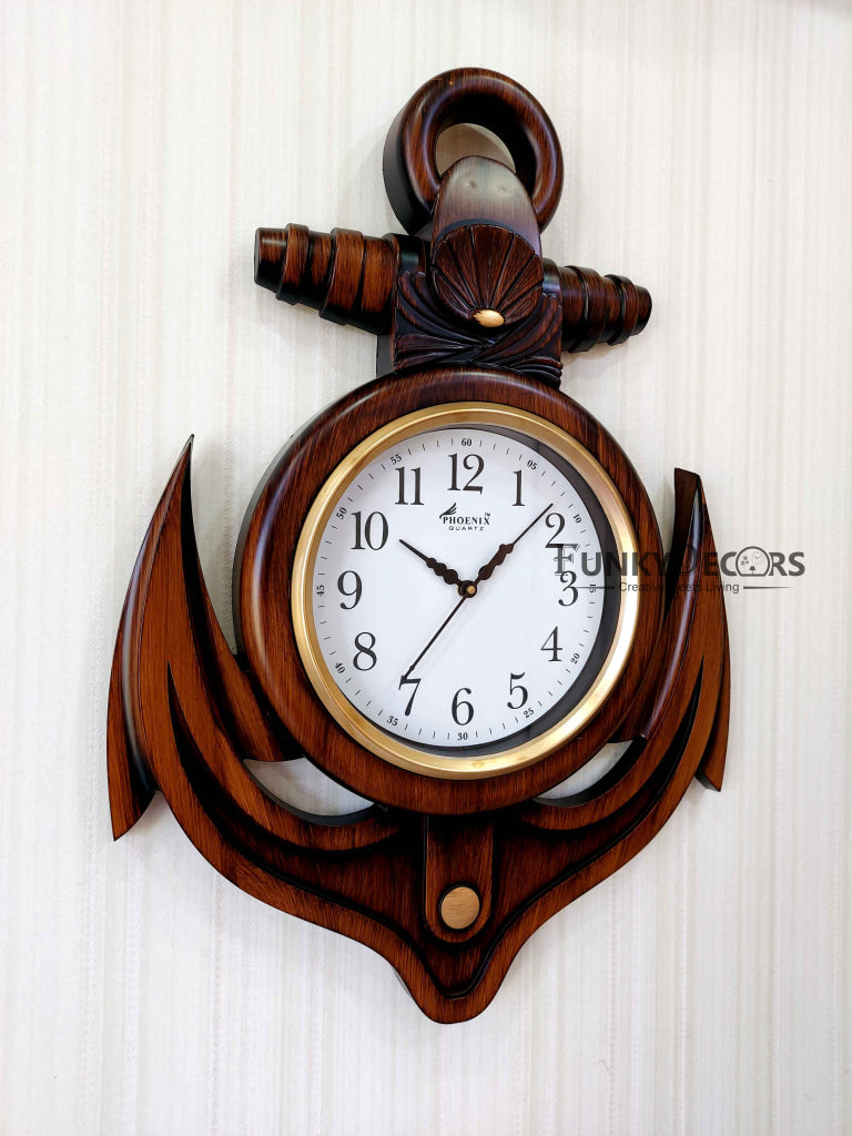 Funkytradition Wooden Style Anchor Wall Clock Watch Décor For Home Office Decor And Gifts 60 Cm Tall