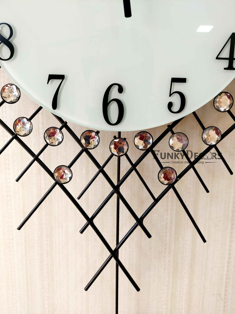 Stylish Flora Diamond Studded Silent Movement Pendulum Metal Wall Clock- FunkyDecors Clocks