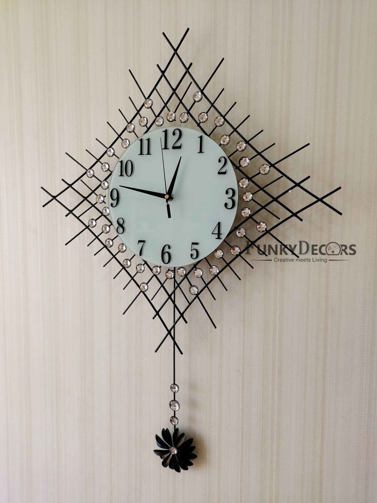 Stylish Flora Diamond Studded Silent Movement Pendulum Metal Wall Clock- FunkyDecors Clocks
