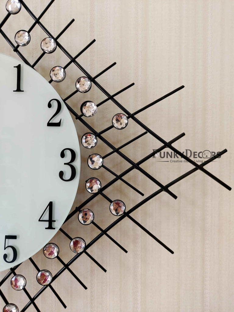 Stylish Flora Diamond Studded Silent Movement Pendulum Metal Wall Clock- FunkyDecors Clocks