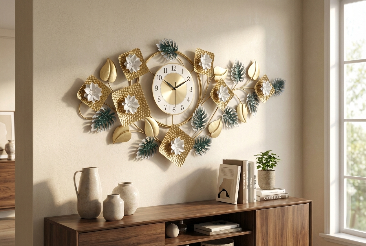 Premium 3D Iron Floral Wall Clock (119 x 54 CM) – Luxury Metal Wall Art &amp; Decor for Living Room