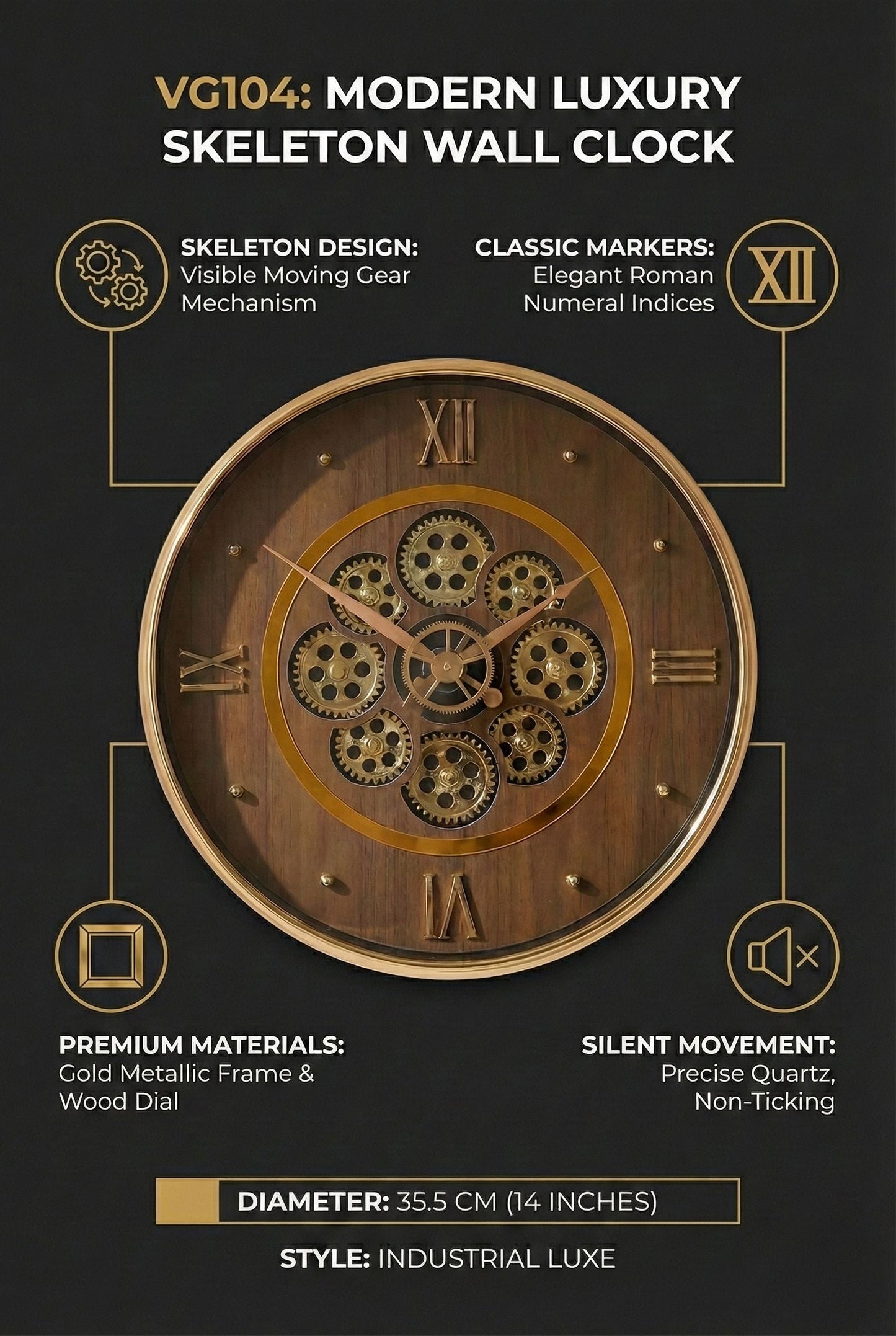 Modern Luxury Skeleton Wall Clock 14 Inch – Silent Quartz Roman Numeral Design
