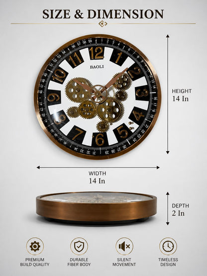 14 x 2 x 14 inch decorative moving gear wall clock showing width, height and depth dimensions