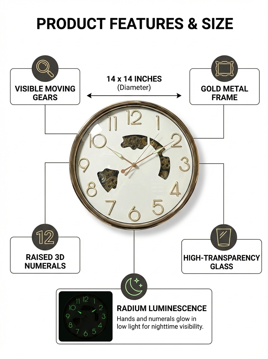 Wall clock with features highlighted on a white background. 14x14 inch designer wall clock with 3D numbers
