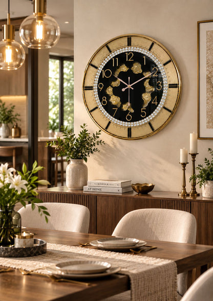 16 inch Black gold wall clock with working decorative gears, crystal-studded dial and raised gold numerals in dining room