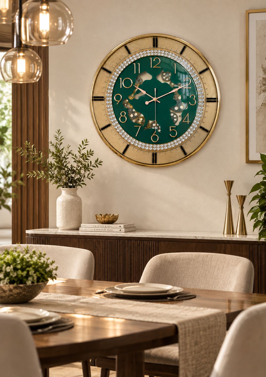 16 inch green gold wall clock with working decorative gears, crystal-studded dial and raised gold numerals in dining room