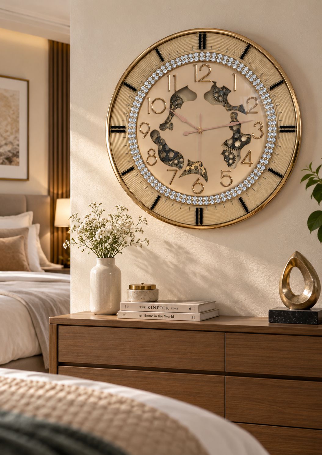 16 x 16 inch champagne wall clock featuring working visible gears, crystal detailing, gold Arabic numerals and pink gold hands