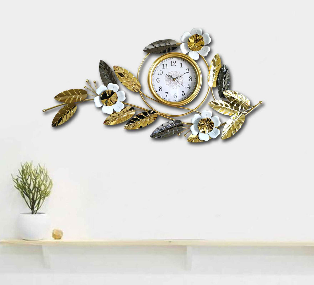Elegant Gold Metal Wall Clock – 43 Inch Floral &amp; Leaf Design, Modern Decorative Wall Art for Living Room, Bedroom &amp; Office Décor
