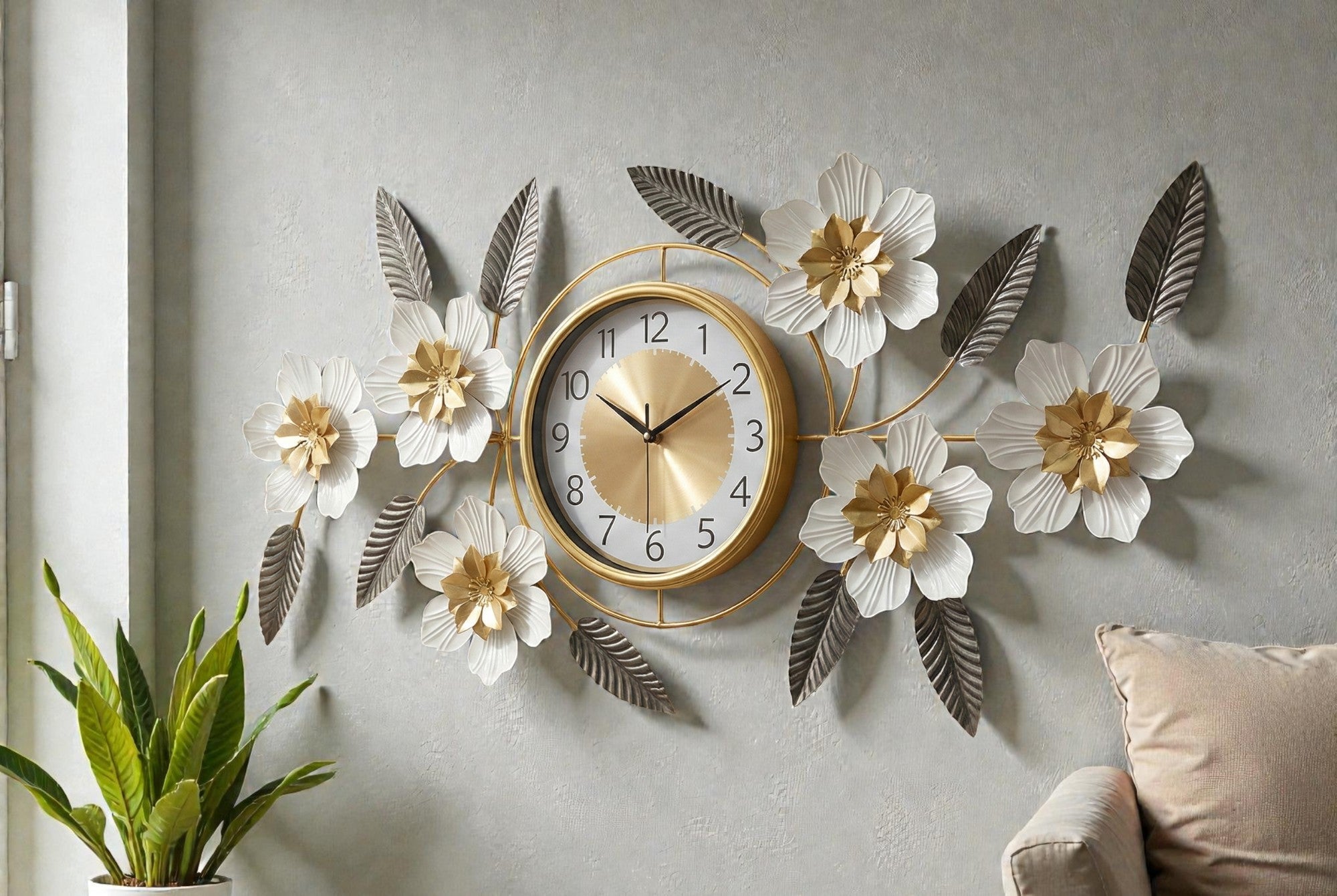 Luxury Iron Floral Wall Clock (90cm × 45cm) | 3D White &amp; Gold Metal Wall Art for Living Room &amp; Bedroom