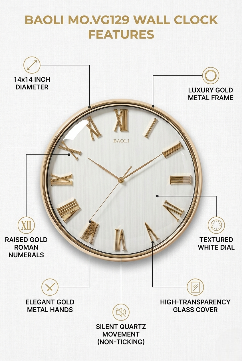 Luxury Gold Wall Clock – 14x14 Inch (Black &amp; White Dial)