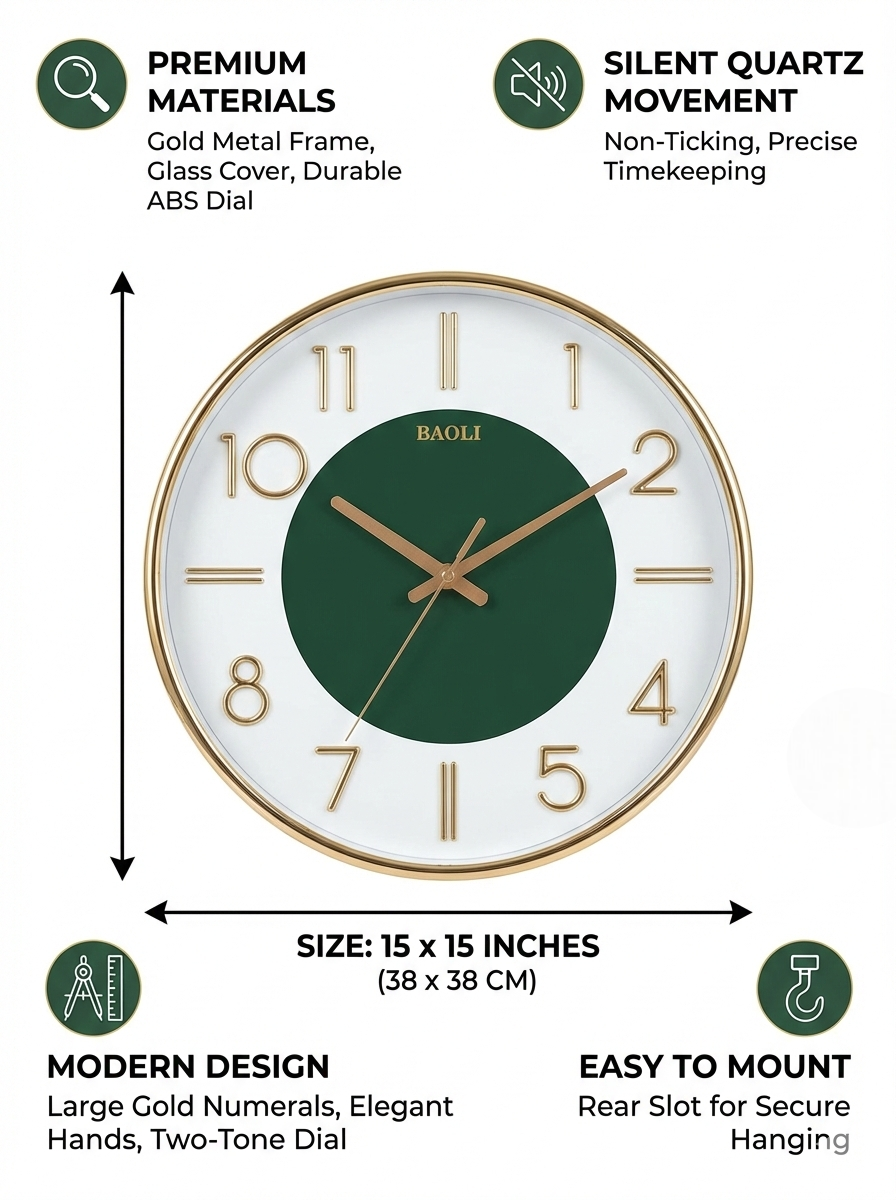 Premium Gold Metal Wall Clock with 3D Numbers | Silent Quartz | 15×15 Inch