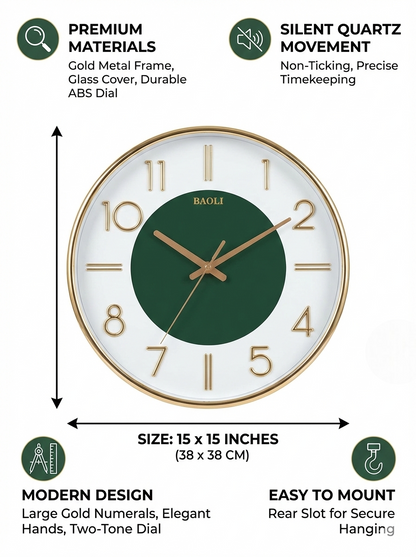 Premium Gold Metal Wall Clock with 3D Numbers | Silent Quartz | 15×15 Inch