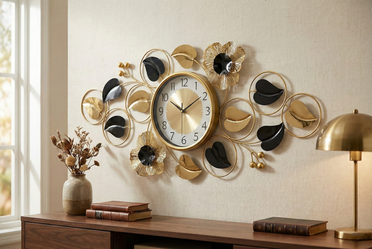 Luxury Iron Floral Wall Clock by FunkyDecors – Large Gold &amp; Black Metal Wall Art Décor (90x45 cm) - Silent Movement