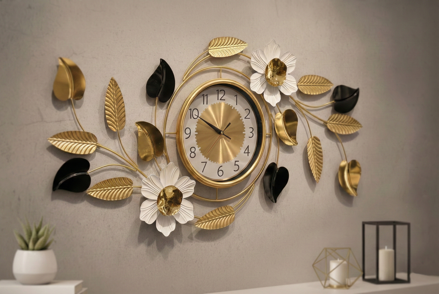 Luxurious 3D Floral Metal Wall Clock by FunkyDecors – Large Gold & Black Iron Art (90x45cm) with Silent Movement