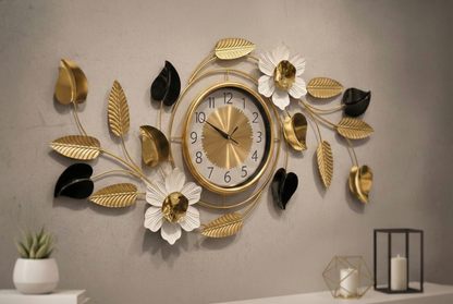 Luxurious 3D Floral Metal Wall Clock by FunkyDecors – Large Gold & Black Iron Art (90x45cm) with Silent Movement