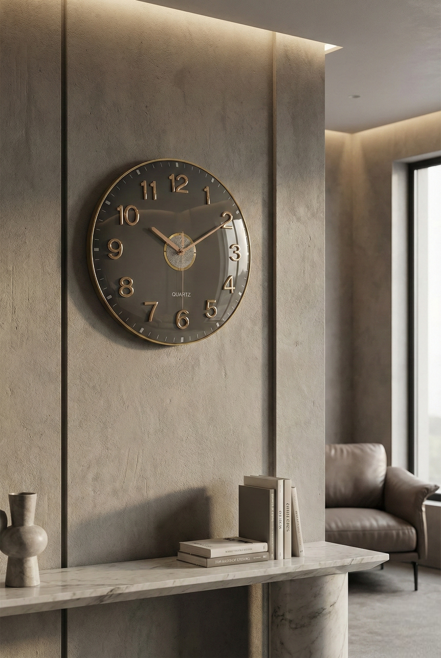 Luxury Dark Grey Wall Clock 14x14 Inch | 3D Gold Arabic Numerals | Silent Quartz Movement