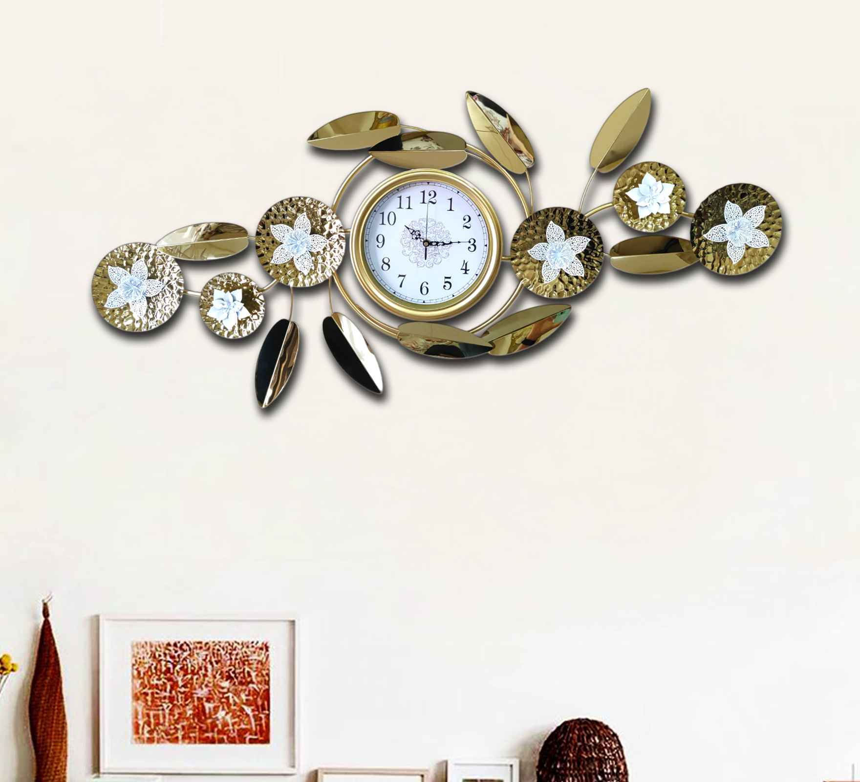 Luxurious Gold Metal Wall Clock – 48 Inch Decorative Floral Leaf Design, Large Modern Wall Art for Living Room, Office &amp; Home Décor