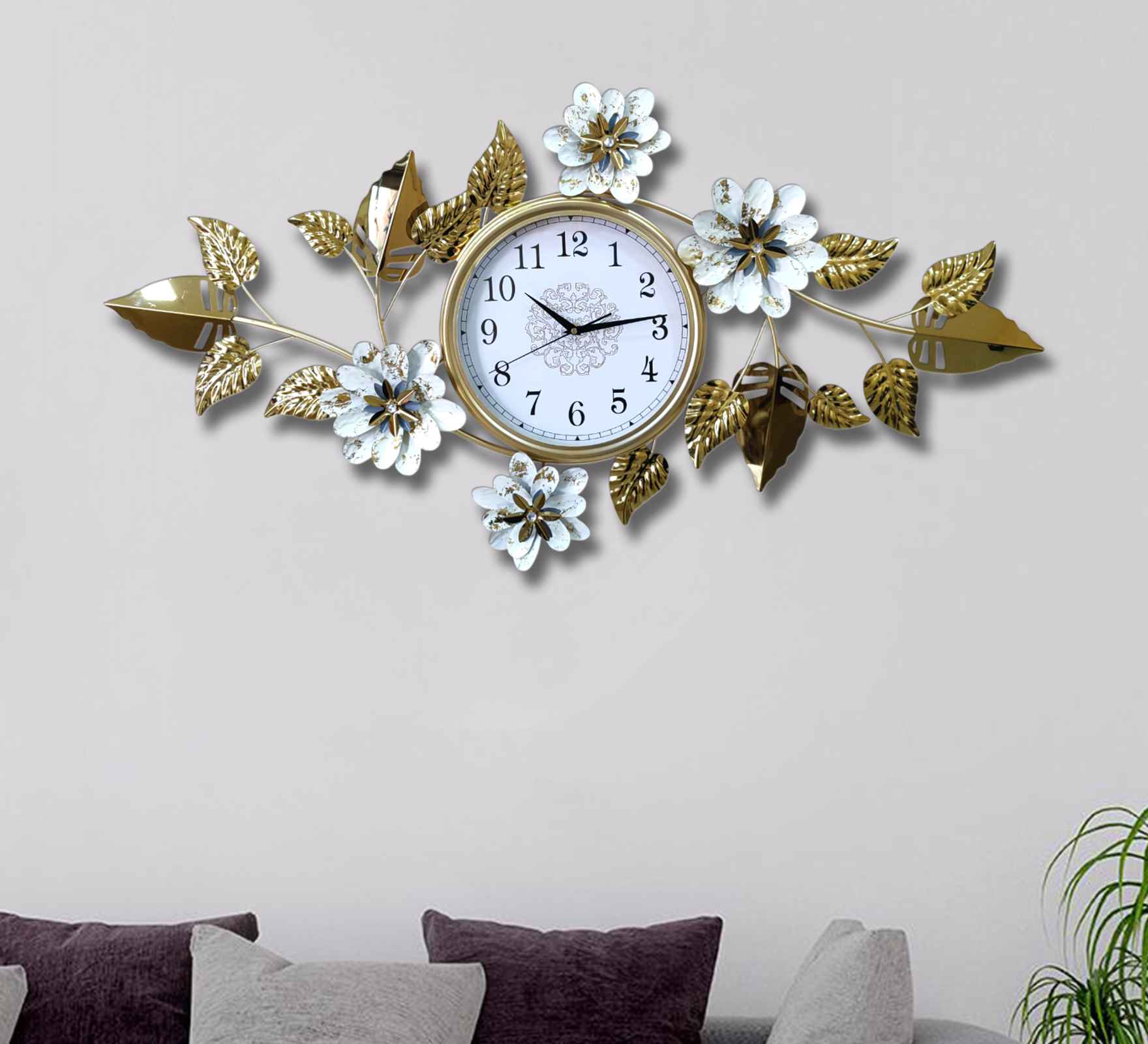 Elegant Gold Metal Wall Clock – 44 Inch Floral & Leaf Design, Modern Decorative Wall Art for Living Room, Bedroom & Office Décor