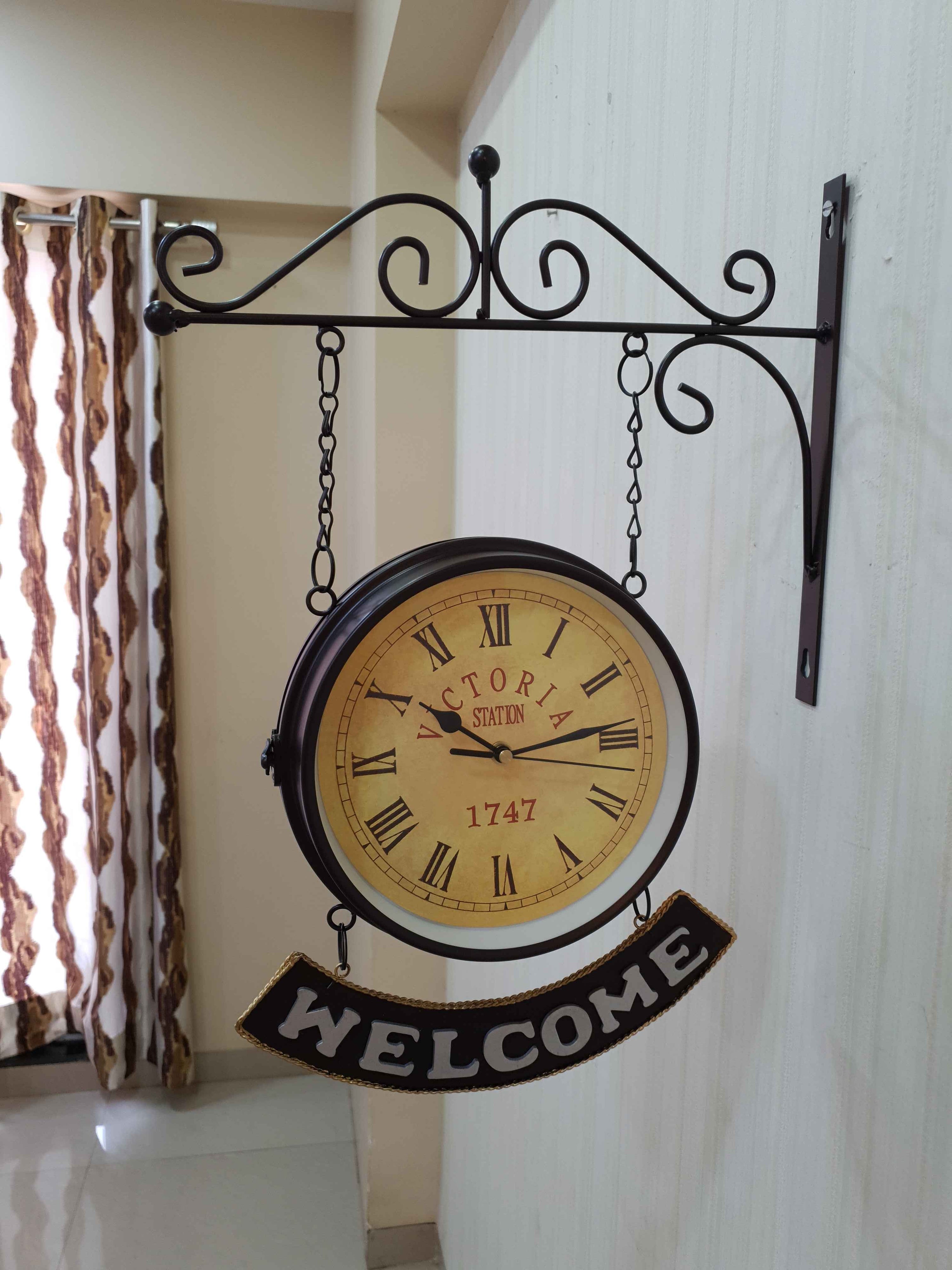 FunkyDecors Luxury Look Black Round Wall Hanging Double Sided 2 Faces Retro Victoria Station Wall Clock