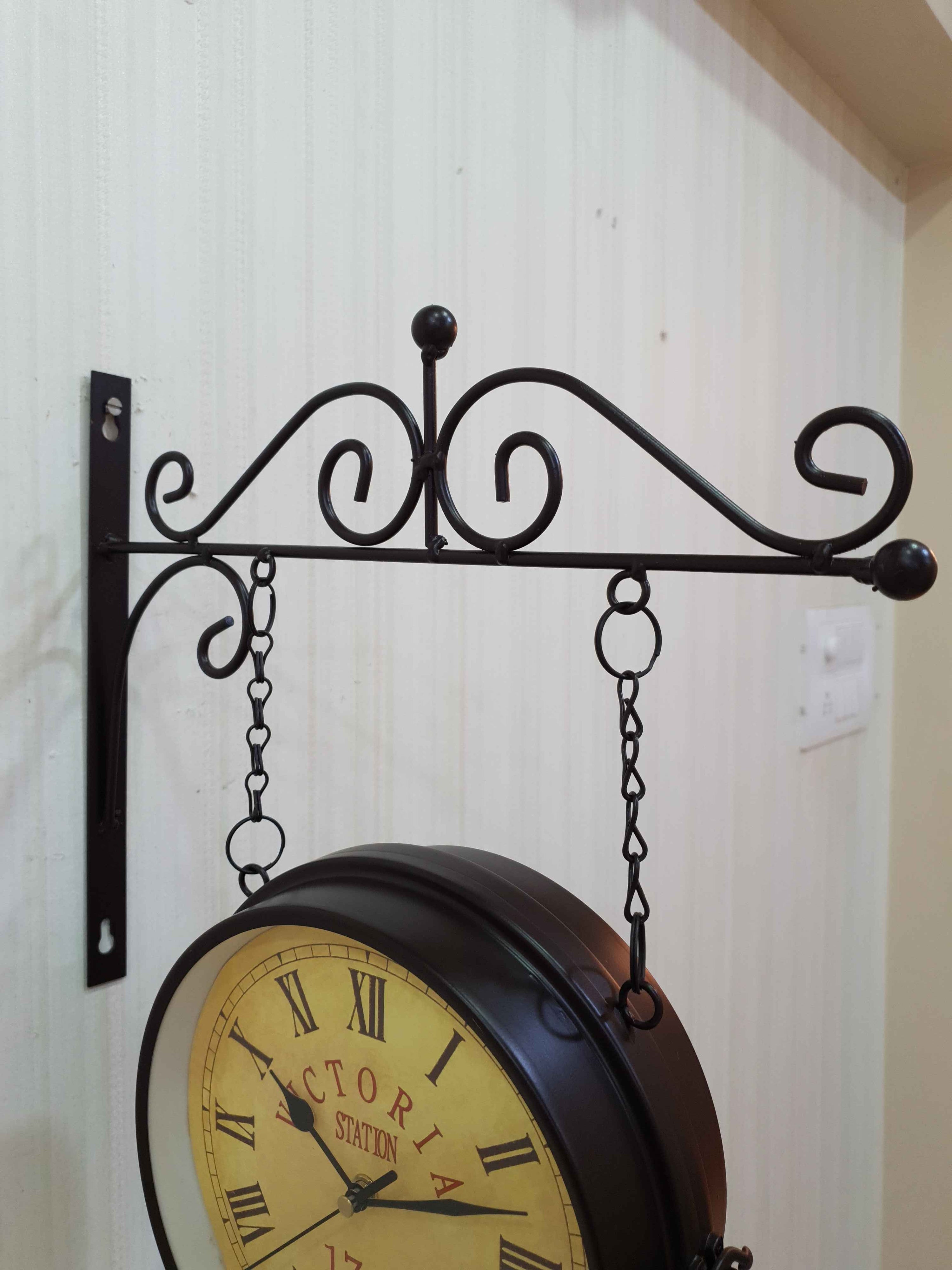 FunkyDecors Luxury Look Black Round Wall Hanging Double Sided 2 Faces Retro Victoria Station Wall Clock