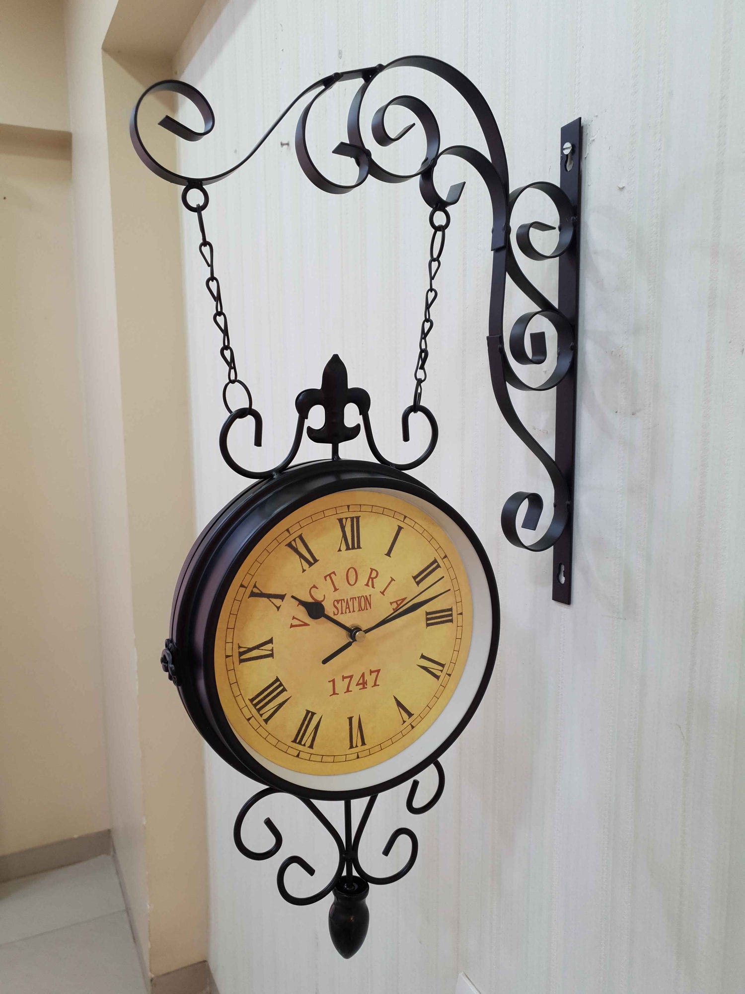 FunkyDecors Luxury Look Black Round Wall Hanging Double Sided 2 Faces Retro Victoria Station Wall Clock