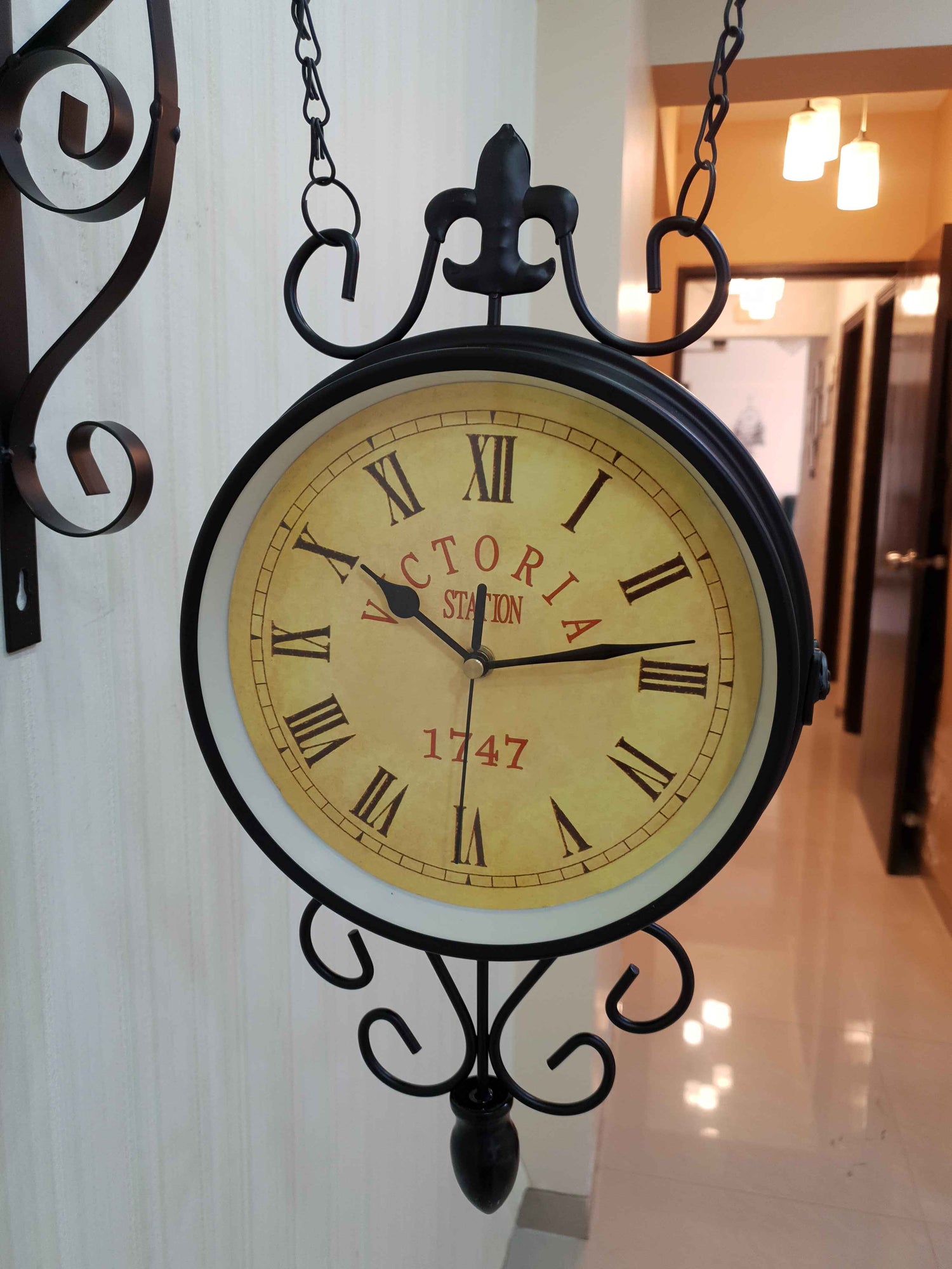 FunkyDecors Luxury Look Black Round Wall Hanging Double Sided 2 Faces Retro Victoria Station Wall Clock