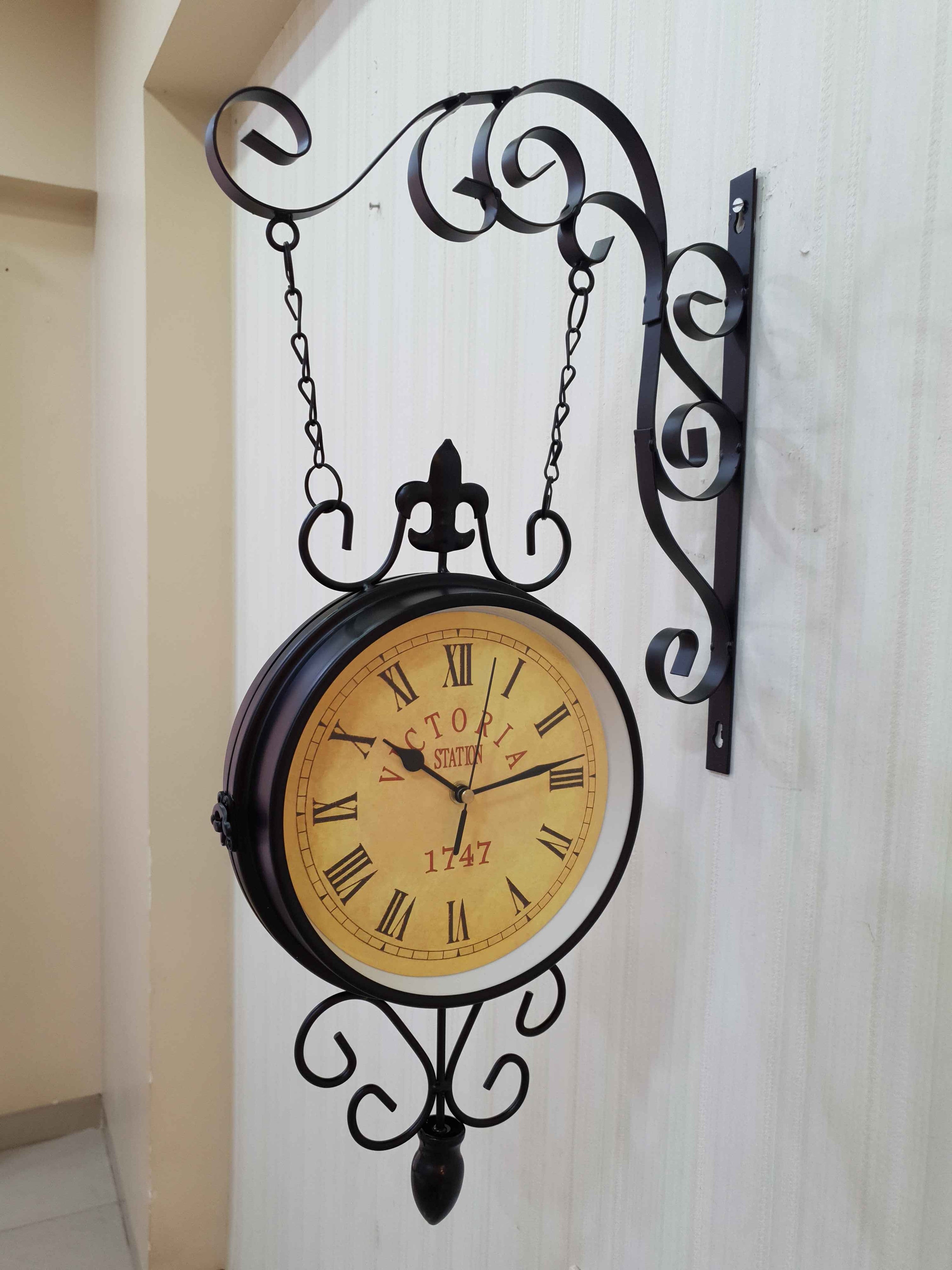 FunkyDecors Luxury Look Black Round Wall Hanging Double Sided 2 Faces Retro Victoria Station Wall Clock