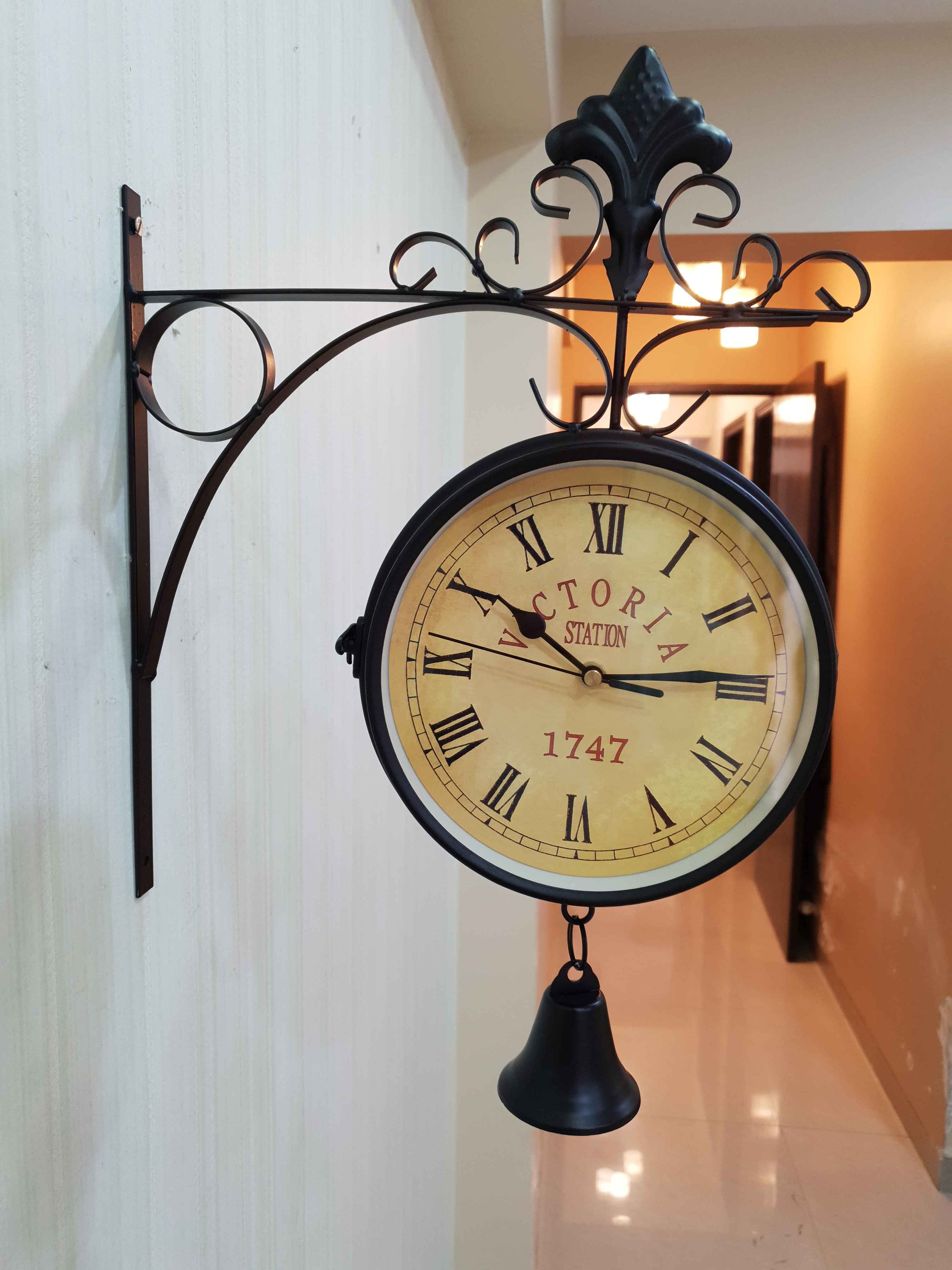 FunkyDecors Luxury Look Black Round Wall Hanging Double Sided 2 Faces Retro Victoria Station Wall Clock