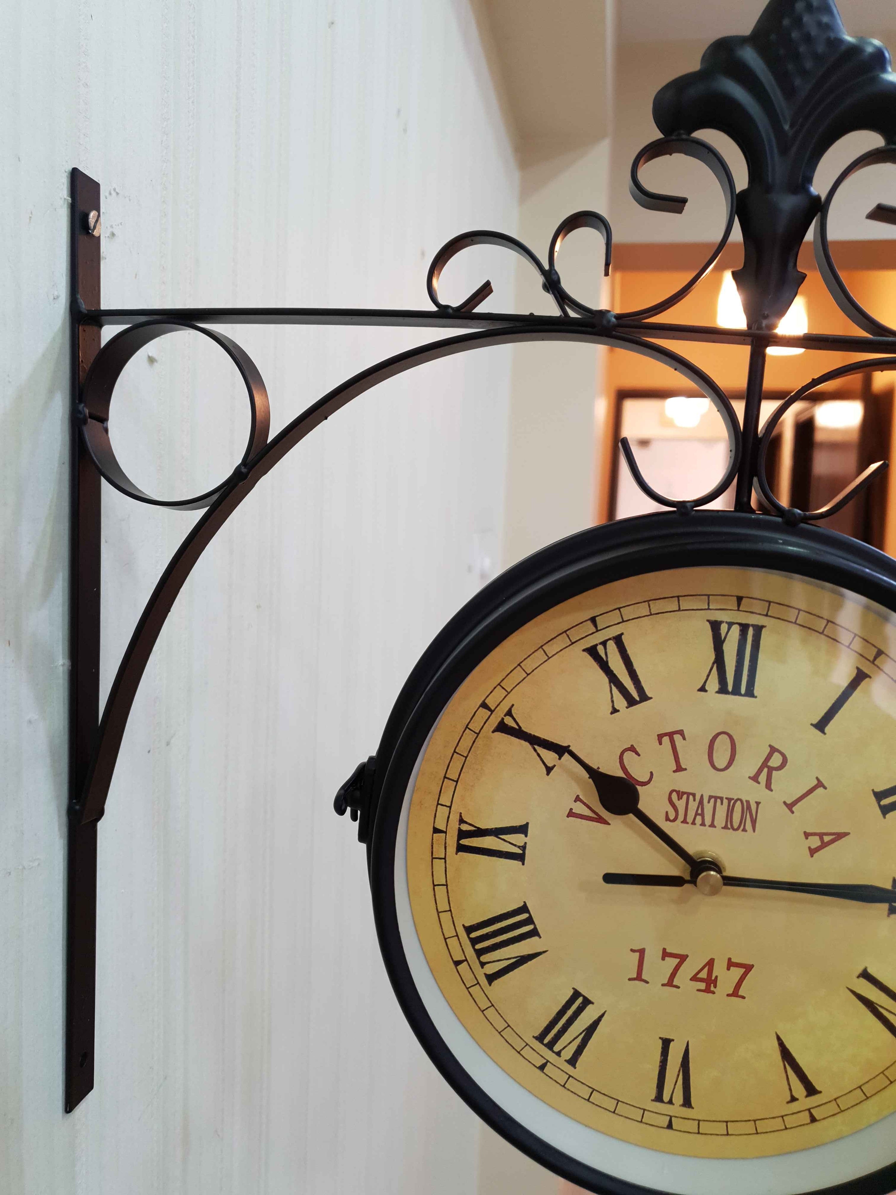 FunkyDecors Luxury Look Black Round Wall Hanging Double Sided 2 Faces Retro Victoria Station Wall Clock
