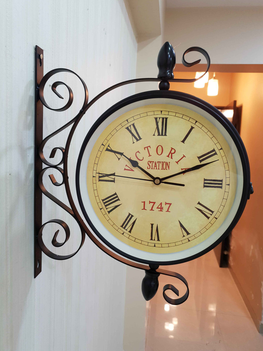 FunkyDecors Luxury Look Black Round Wall Hanging Double Sided 2 Faces Retro Victoria Station Wall Clock