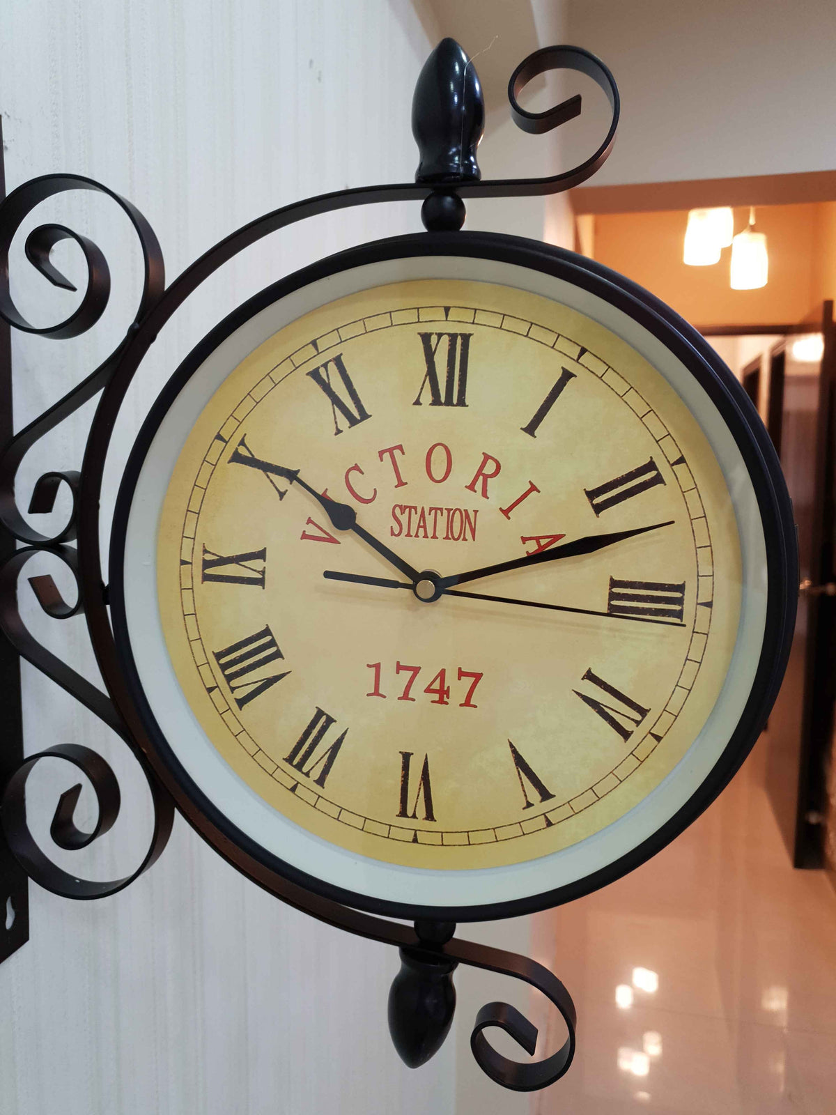 FunkyDecors Luxury Look Black Round Wall Hanging Double Sided 2 Faces Retro Victoria Station Wall Clock