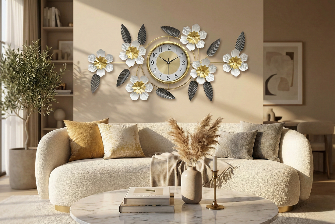 Luxury Iron Floral Wall Clock (90cm × 45cm) | 3D White &amp; Gold Metal Wall Art for Living Room &amp; Bedroom