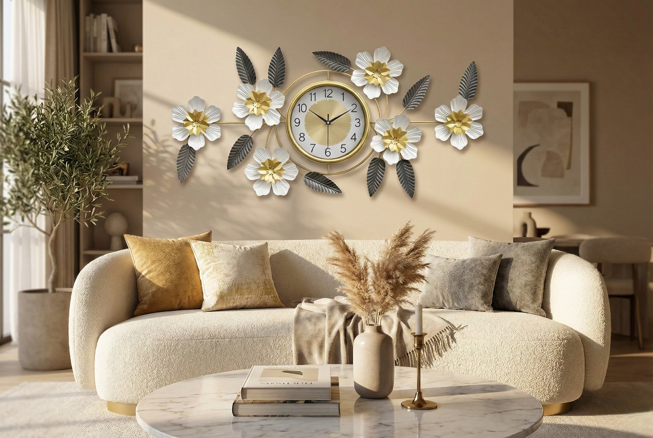 Luxury Iron Floral Wall Clock (90cm × 45cm) | 3D White &amp; Gold Metal Wall Art for Living Room &amp; Bedroom
