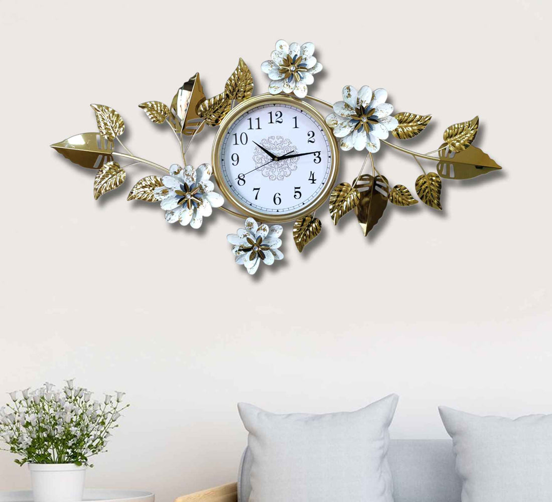 Elegant Gold Metal Wall Clock – 44 Inch Floral &amp; Leaf Design, Modern Decorative Wall Art for Living Room, Bedroom &amp; Office Décor