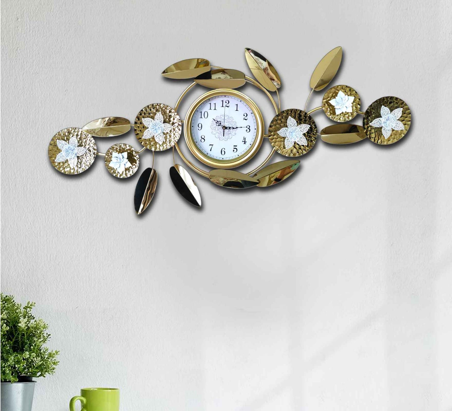 Luxurious Gold Metal Wall Clock – 48 Inch Decorative Floral Leaf Design, Large Modern Wall Art for Living Room, Office &amp; Home Décor