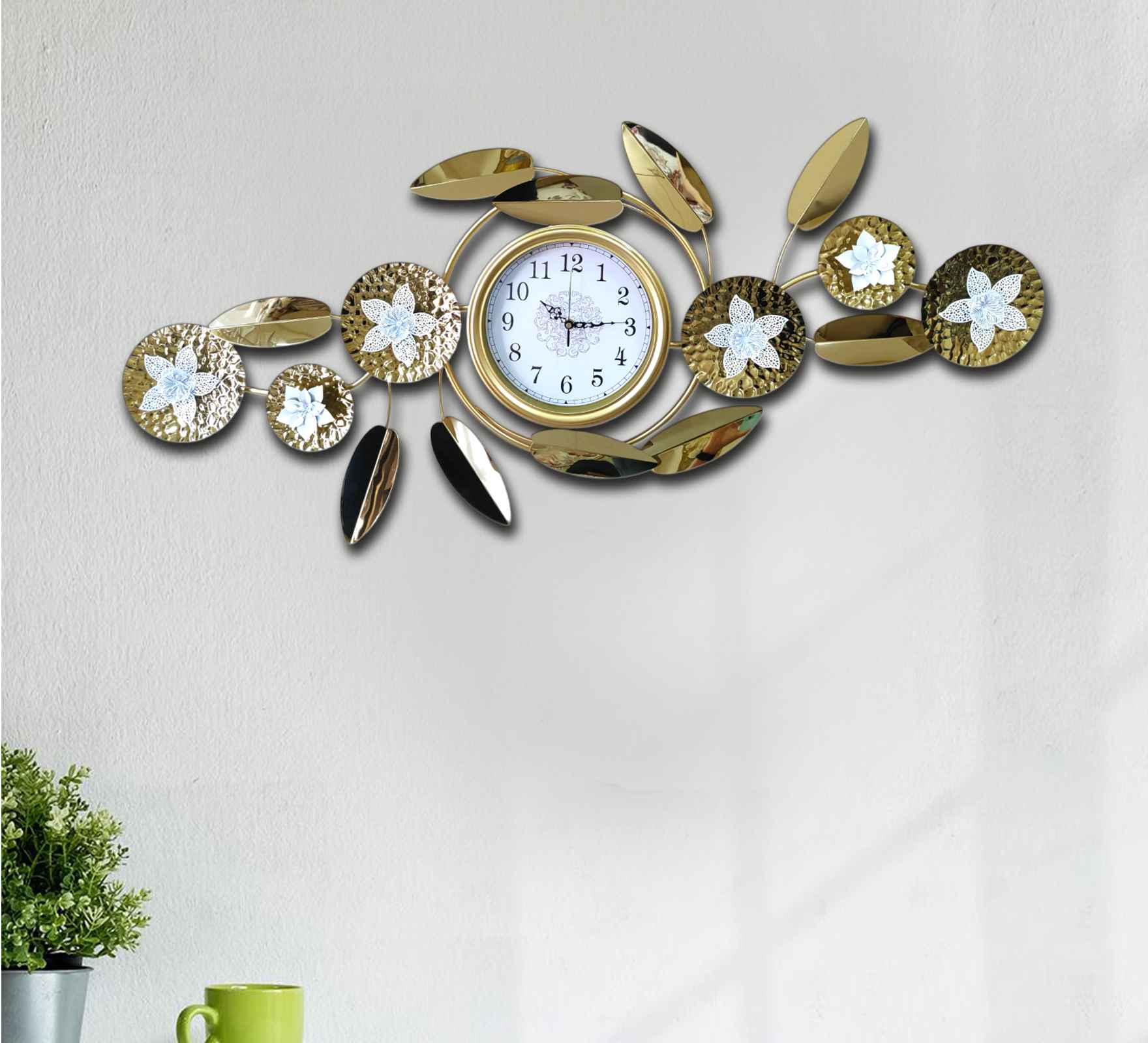 Luxurious Gold Metal Wall Clock – 48 Inch Decorative Floral Leaf Design, Large Modern Wall Art for Living Room, Office &amp; Home Décor