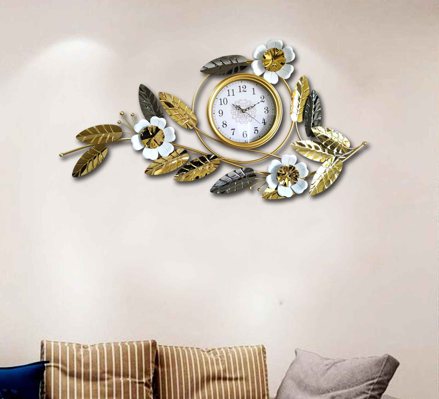 Elegant Gold Metal Wall Clock – 43 Inch Floral &amp; Leaf Design, Modern Decorative Wall Art for Living Room, Bedroom &amp; Office Décor