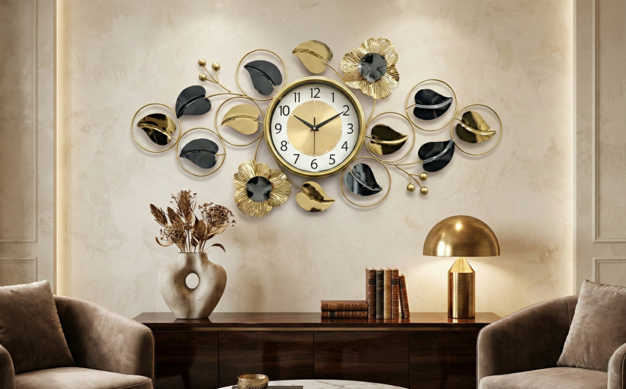 Luxury Iron Floral Wall Clock by FunkyDecors – Large Gold & Black Metal Wall Art Décor (90x45 cm) - Silent Movement