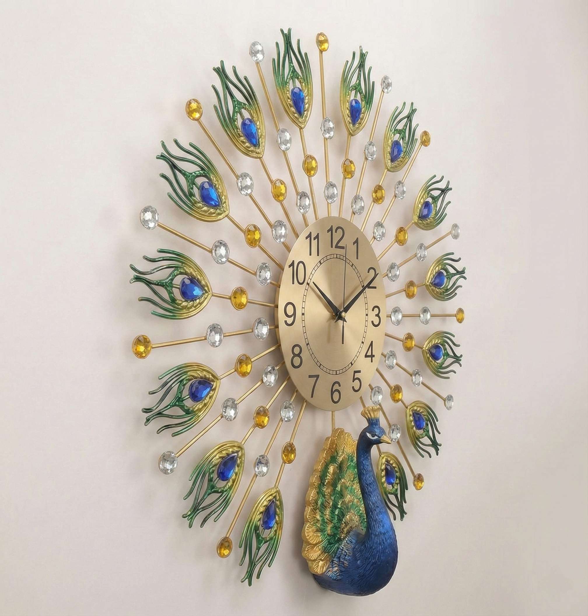 3D metal wall art clock side angle showing depth and feather details.