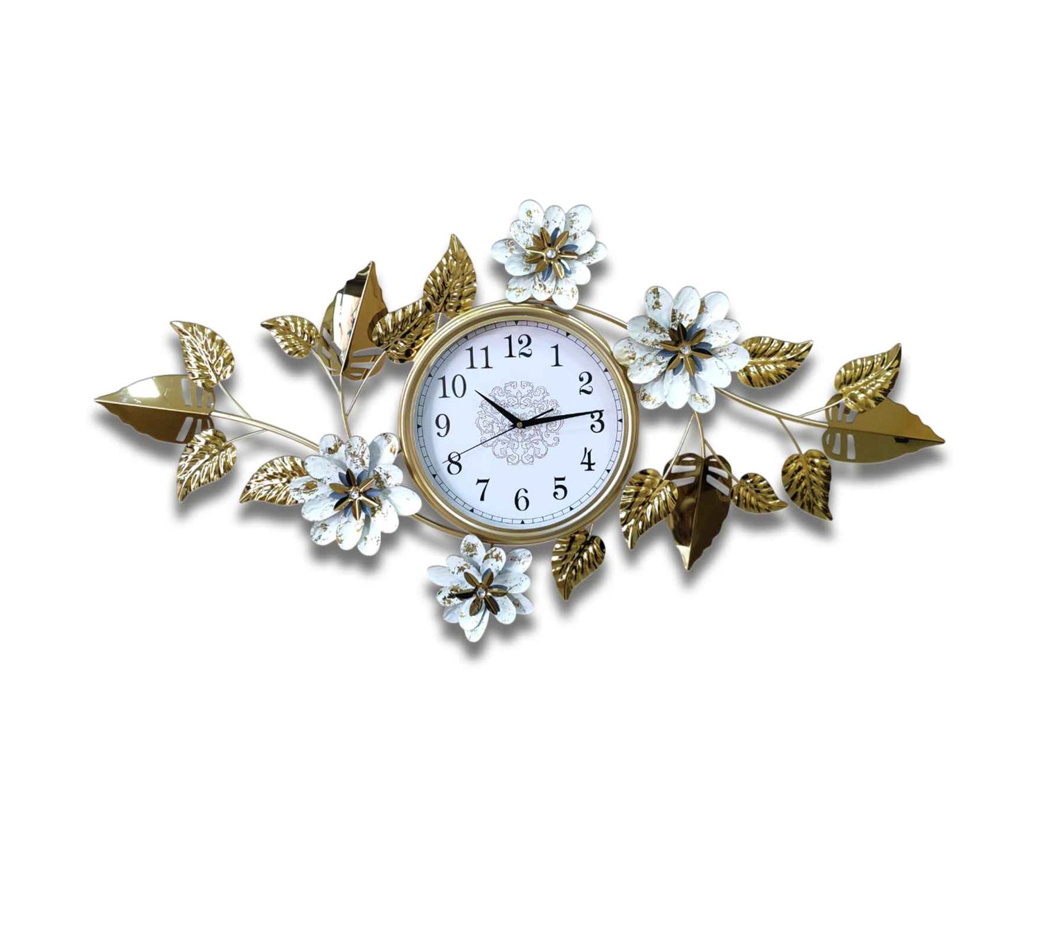Elegant Gold Metal Wall Clock – 44 Inch Floral &amp; Leaf Design, Modern Decorative Wall Art for Living Room, Bedroom &amp; Office Décor