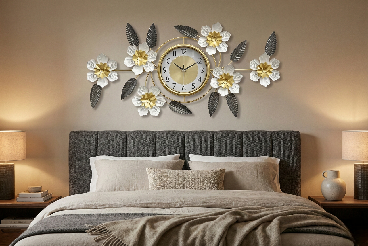Luxury Iron Floral Wall Clock (90cm × 45cm) | 3D White &amp; Gold Metal Wall Art for Living Room &amp; Bedroom