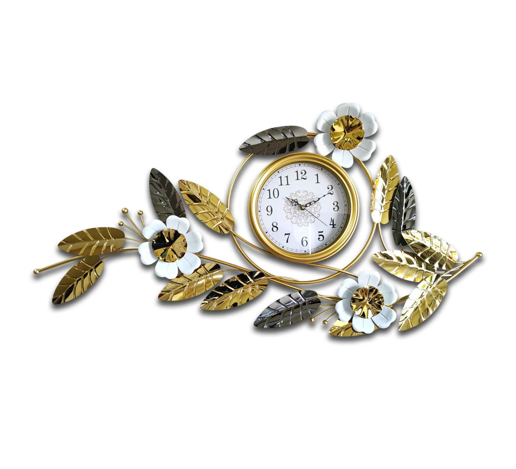 Elegant Gold Metal Wall Clock – 43 Inch Floral &amp; Leaf Design, Modern Decorative Wall Art for Living Room, Bedroom &amp; Office Décor