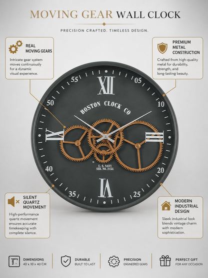 40 CM moving gear wall clock dimensions width height and depth infographic